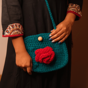 Handmade Blue Crochet Bag with Large Red Rose