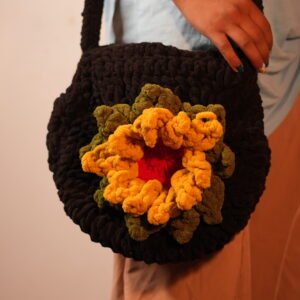 Handmade Black Crochet Handbag with Mustard Flower Accent